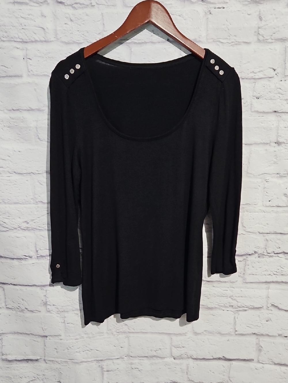 White House Black Market Black Scoop Neck Long Sleeve Top with Shoulder Buttons